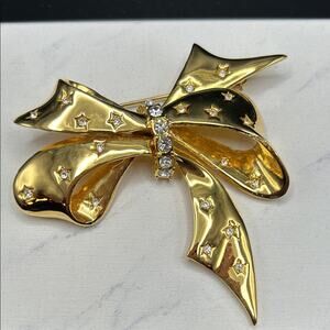 Joan Rivers Bow Ribbon Brooch Pin Gold tone Star Rhinestones #533